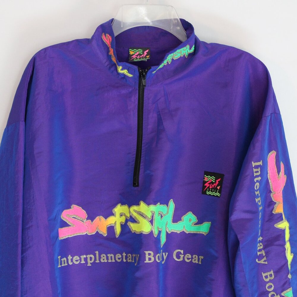 VTG Surf Style 1/4 Zip Iridescent Purple Blue Windbreaker Jacket One Size USA